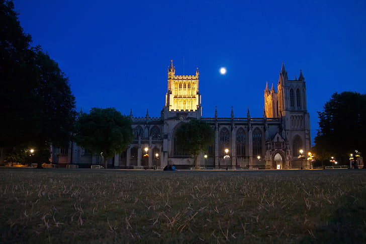 bīskapa baznīca, naktī, mēness, Bristol, katedrālē, izgaismotas, apgaismojums
