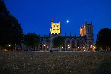Bisbe Església, nit, Lluna, Bristol, Catedral, il·luminat, il·luminació