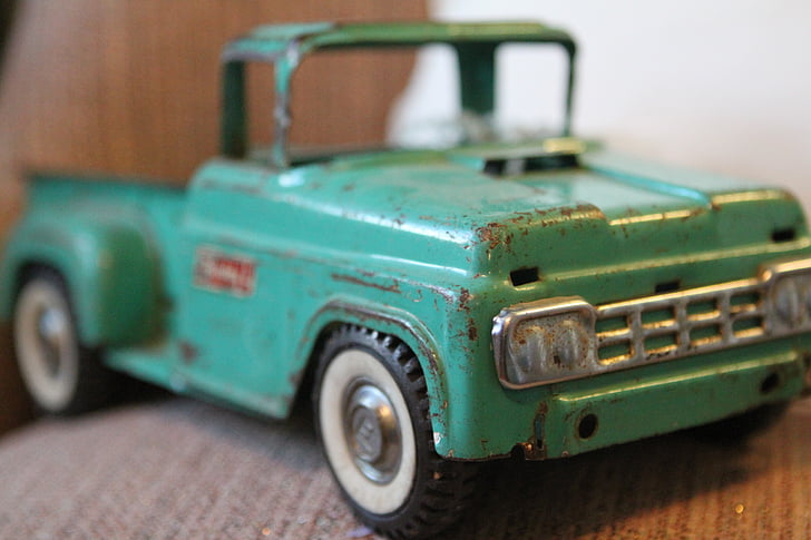 legetøj, lastbil, antik, samlerobjekt, sjov, farverige, pickup truck