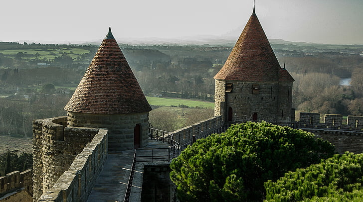 Francija, Carcassonne, srednjeveškega mesta, obzidje, ture, gorskih, arhitektura