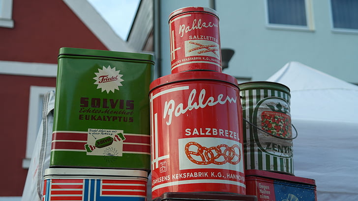cans, bahlsen, tin cans, metal, metal cans, antique, old