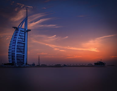 Dubai, Viesnīca, jūra, saulriets, debesis, Burj al arābu, modernas viesnīcas