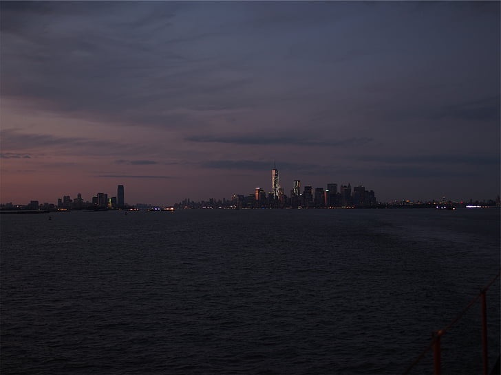 foto, zee, New york, stad, skyline, nacht, avond