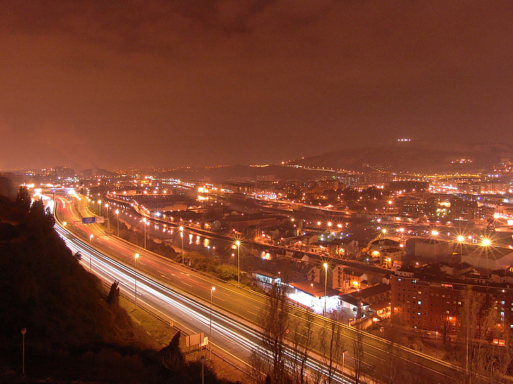 Bilbao, noc, svetlo, osvetlenie, mesto, atmosféra, tmavé