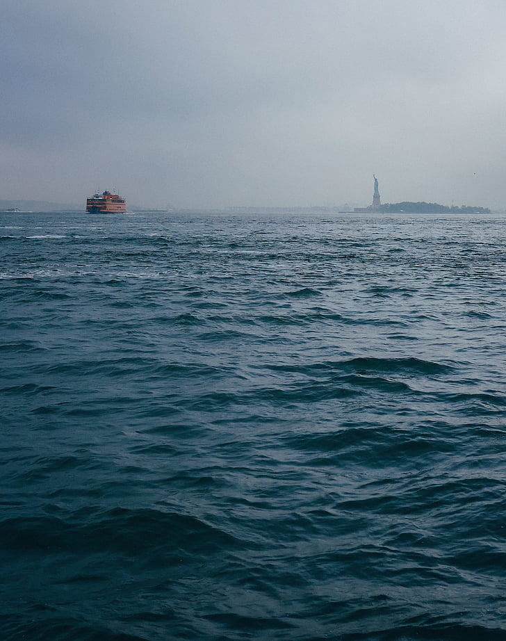 brown, ship, ocean, gray, sky, water, Statue of Liberty
