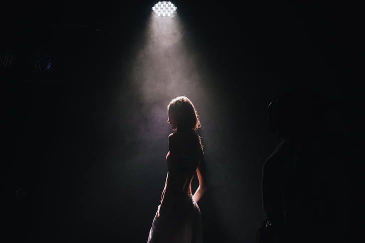 dark, spotlight, stage, people, girl, woman, fashion