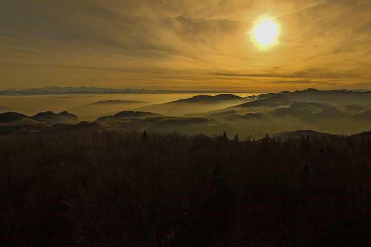 Jura, Alpine, niebla, Haze, Alpes, jura suizo, iluminación