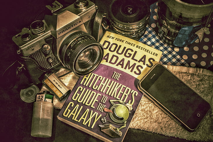 douglas, adams, hitchhikers, guide, galaxy, analog, film