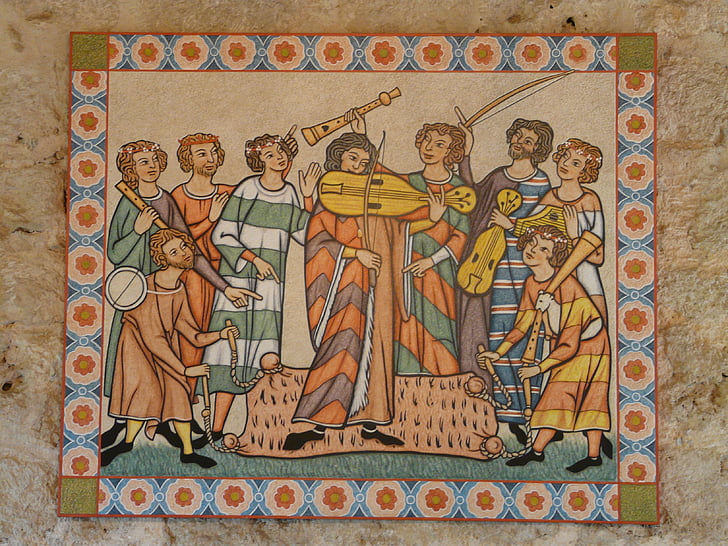 fresco, muurschildering, Middeleeuwen, Minne, minstreel, middeleeuwse scène