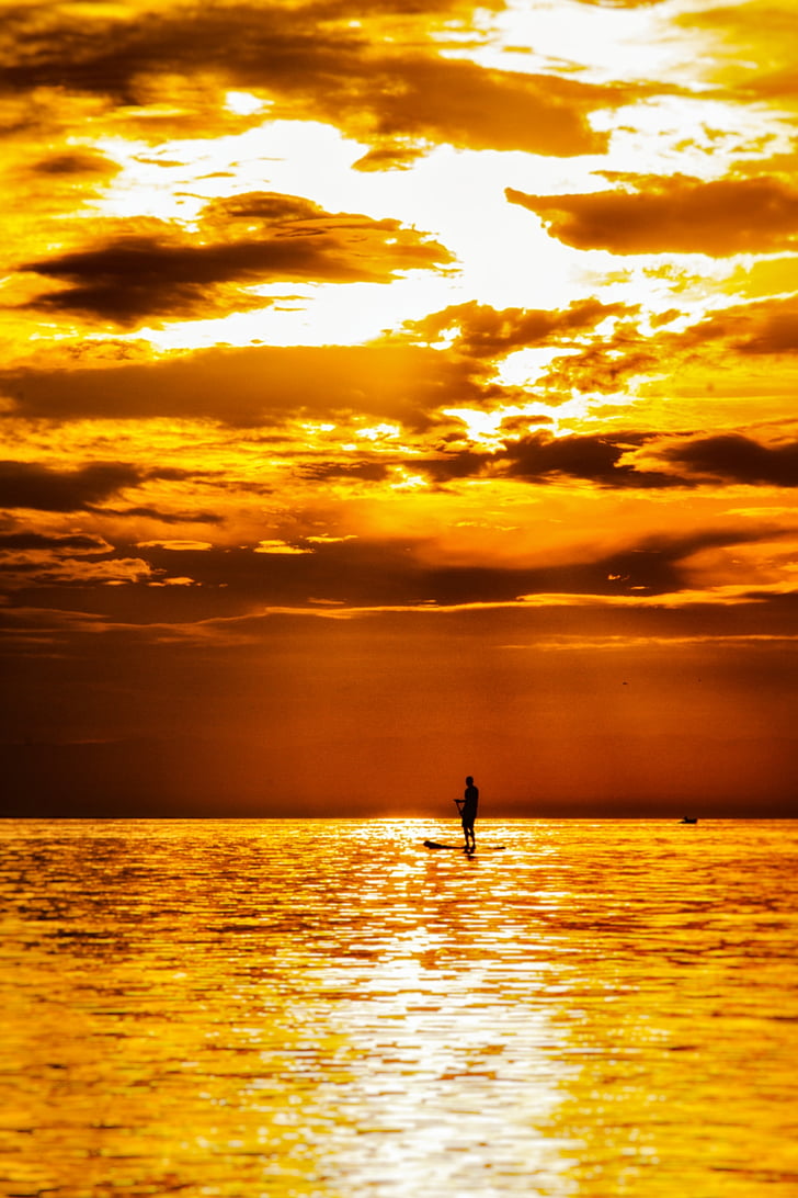 paddleboarding, океан, Спорт, води, небо, хмари, Захід сонця