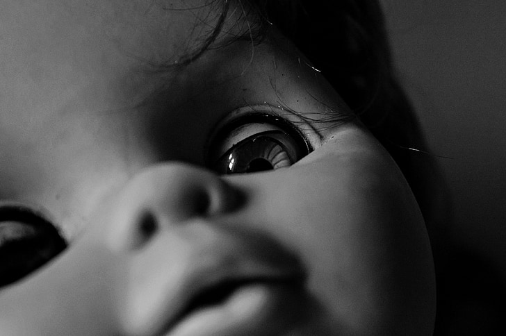 lutka, črno-belo, oči, otrok, človeškim obrazom, ljudje, otroka