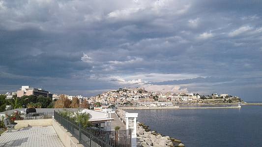 Grecja, Kavala, kastle, Port, morze, Castro, chmury