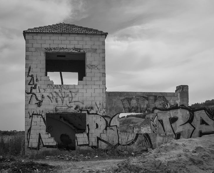 les ruines, abandonné, abandon, vieux, maison en pierre, façade, Pierre
