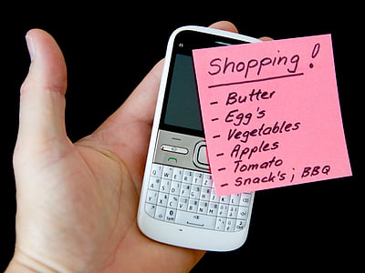 hand, mobile, note, list, embassy, message, shopping list