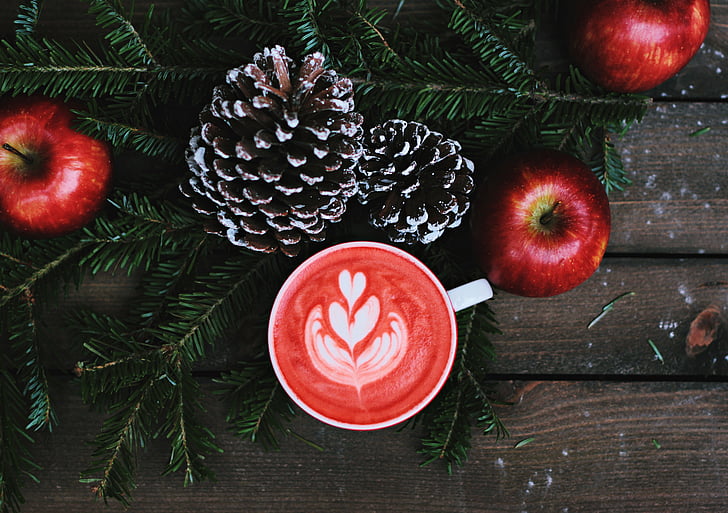 apples, christmas, drink, fruits, pine cones, pine leaves, table