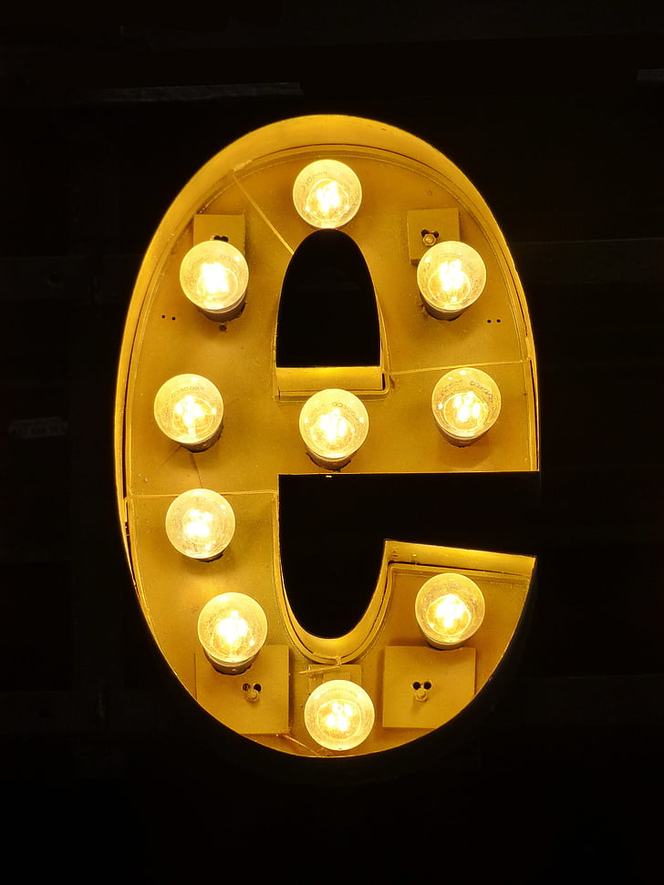 letter, and, light bulbs, theatre, letter e, gold colored, yellow