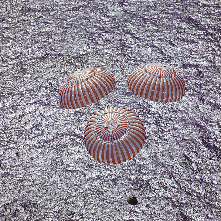 space capsule, parachuting, apollo 16, manned, space, mission, recovery