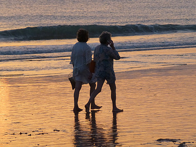 sunset, beach, water, women, walking, light reflection, happy life