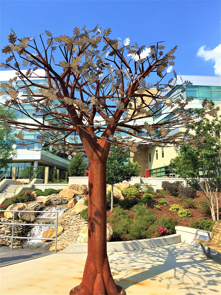metal tree, sculpture, colorful, architecture, blue sky, tree