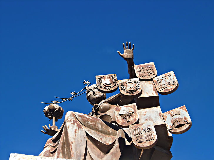 Socha, Kovaného železa, ženy, štíty, Sky, vonku, Teruel
