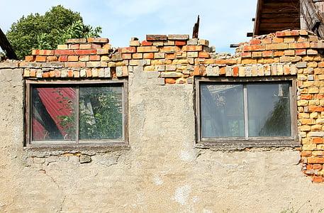 dinding, batu bata, jendela, kehancuran