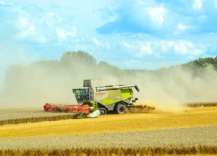 agriculture, harvest, harvest time, dust, field, heat, machine