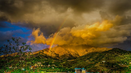 brown, green, mountain, clouds, rainbow, landscape, dark