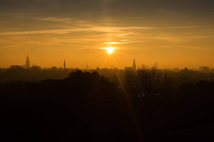 morgon, staden, gul, Nederländerna, Skyline, Europa, soluppgång