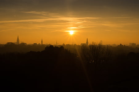 το πρωί, πόλη, Κίτρινο, Ολλανδία, στον ορίζοντα, Ευρώπη, Ανατολή ηλίου