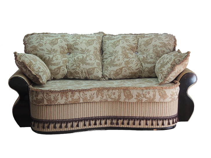 Minkšti baldai, baldai, sofos, gražu, gražus, rudos spalvos, pagalvės, baltas fonas