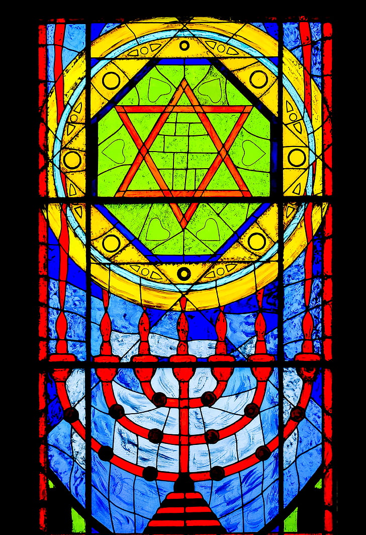 Vitrage, lampunjalka = Menorah, lasimaalaus, ikkuna, Daavidin tähti, kirkon ikkunan, Star