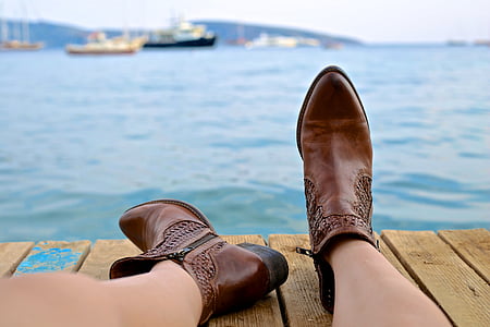 Sepatu bot, istirahat, dingin, Pantai, koboi, liburan, laut