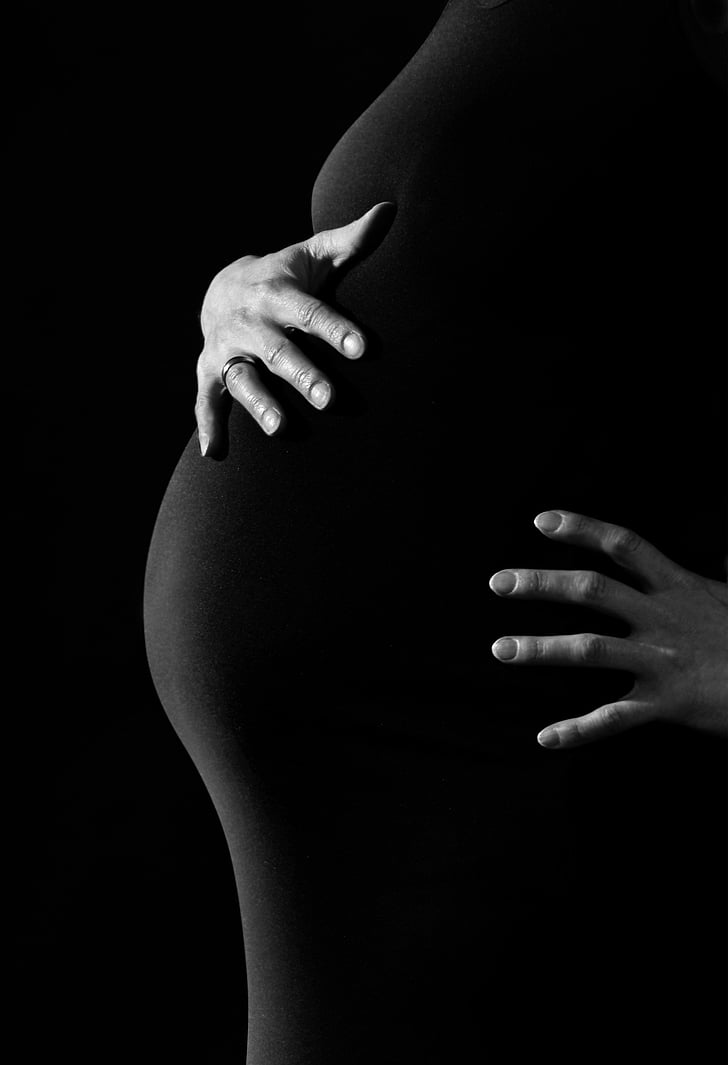 едър план, снимка, бременна, прегърна, бременност, жена, корема