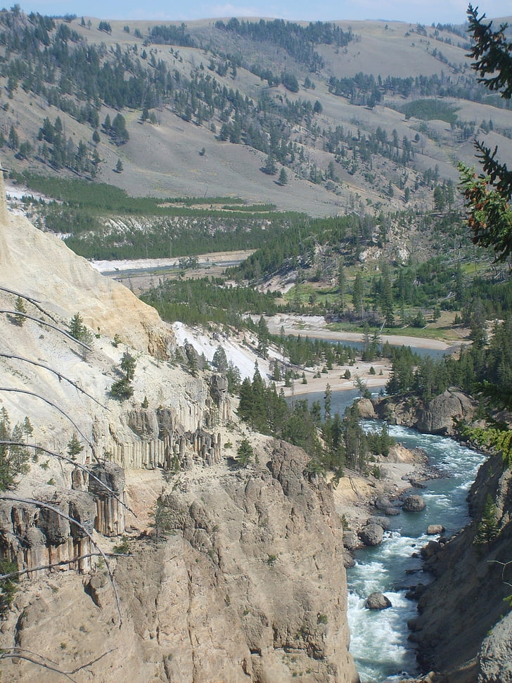 Yellowstone, national park, natur, udendørs, floden, bjerge, klipper træer