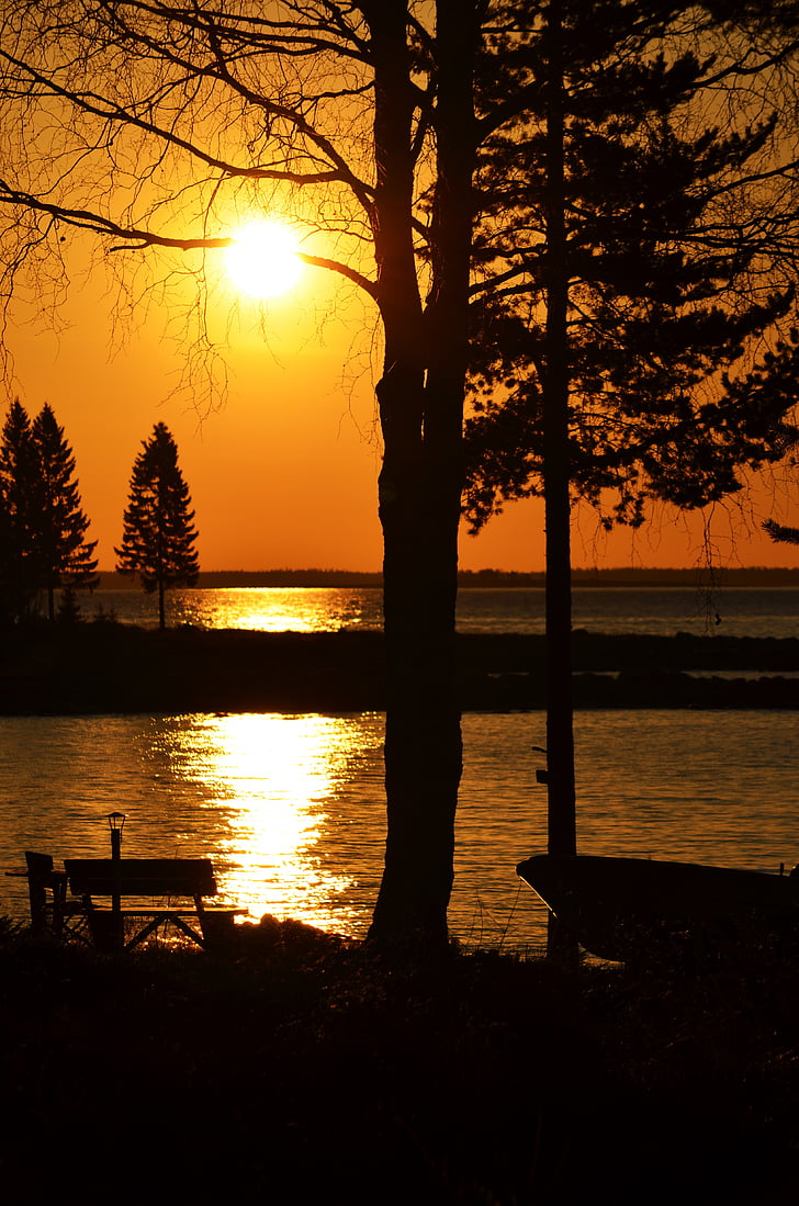 Ανατολή ηλίου, Λίμνη, Ακτή, βάρκα, το πρωί, Norrbotten, Norrland