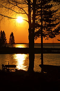 východ slunce, jezero, pobřeží, loď, ráno, Norrbotten, Norrland