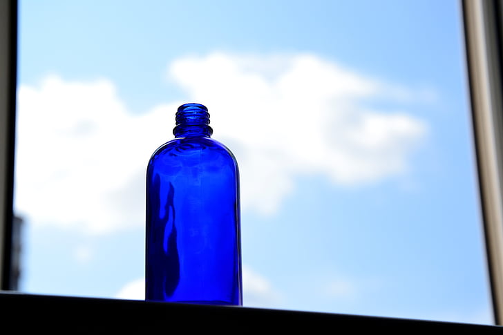 okno, modra steklenička, modra, oblak, nebo, steklenica, pijača