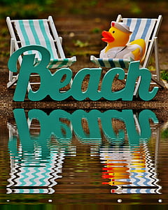 sun loungers, beach, water, bank, mirroring, font, rubber duck