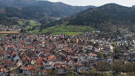 Waldkirch, vesnice, Černý les, pohled z ptačí perspektivy, střechy, hory