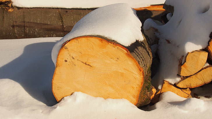log, wood, snow, firewood, trunk, timber, lumber
