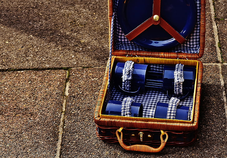 ピクニックのスーツケース, カップ, プレート, カトラリー, バスケット, 荷物, 小さな