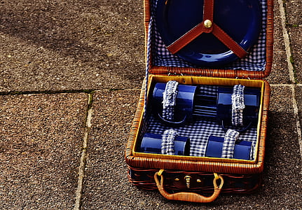 piknik kofferten, Cup, plate, bestikk, kurv, bagasje, liten