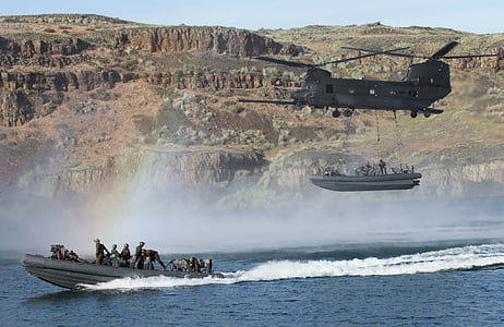 militar, Tactical, formação, barco, Rio, excesso de velocidade, helicóptero