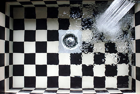sudoper, kuhinja, checkered, vode, vode, štrcanje, dizalica