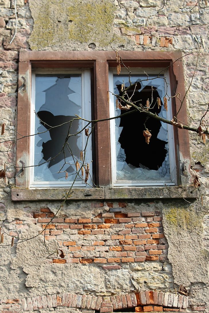ウィンドウ, 古い, 古い窓, ガラス, 石積み, ファサード, 窓からす