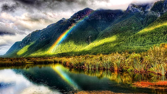 regnbue, natur, landskab, Mountain, søen, udendørs, refleksion