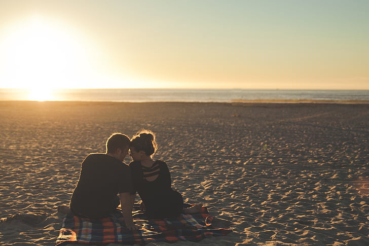photography, couple, watching, sunset, seashore, guy, man