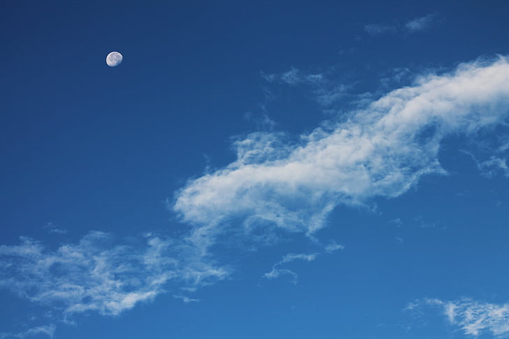 Księżyc, chmury, niebo, niebo chmury, niebieski, chmury niebo, błękitne niebo chmury
