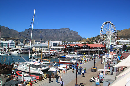 Kapské město, Jihoafrická republika, pláž, Stolová hora, zábavní centrum, obloha, modrá