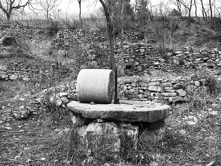 kameni mlin, zemlja, u ruralnim područjima, memorija, crno i bijelo
